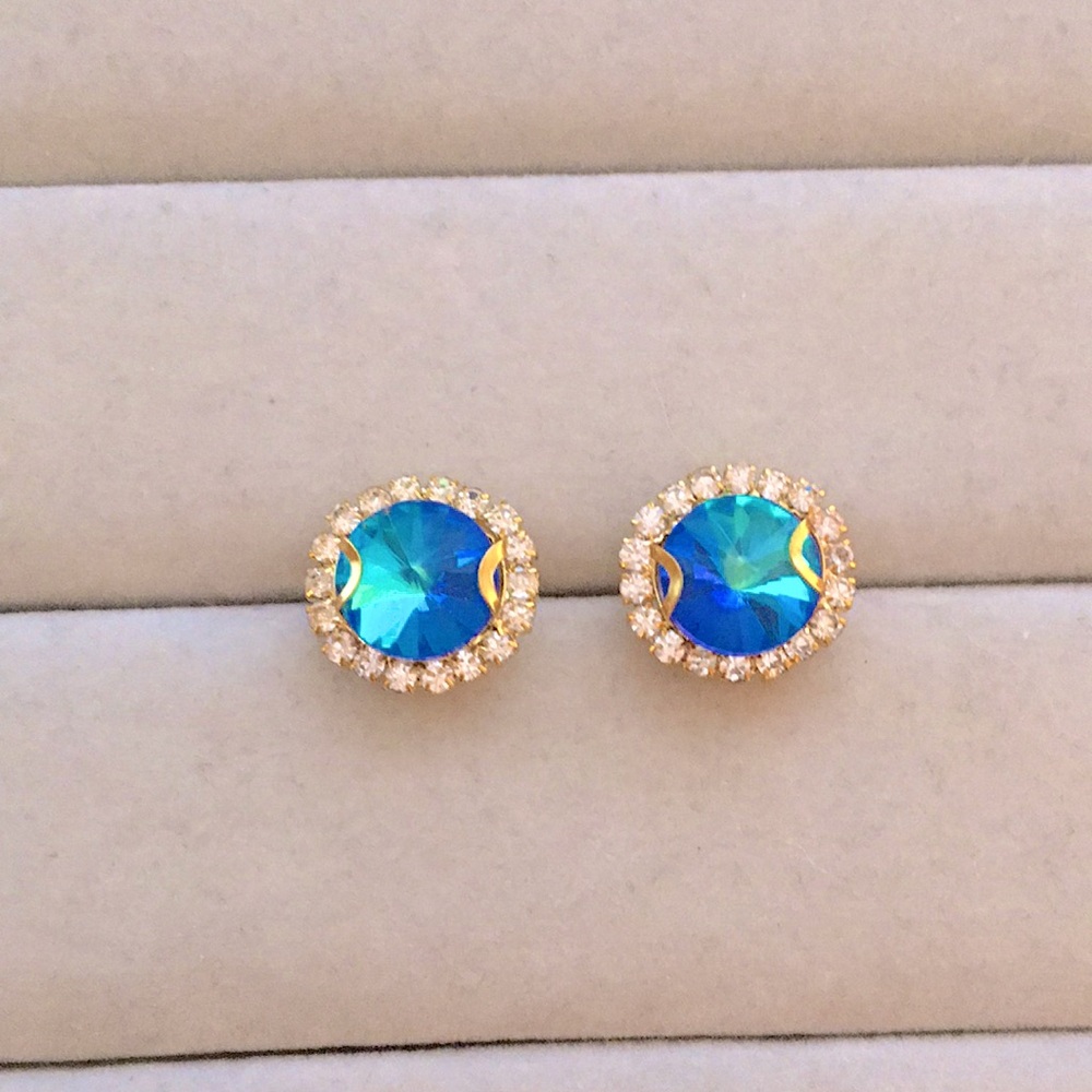Light Sapphire Aurora Borealis + Gold Rivoli Crystal Halo Earrings - Picture 5 of 11